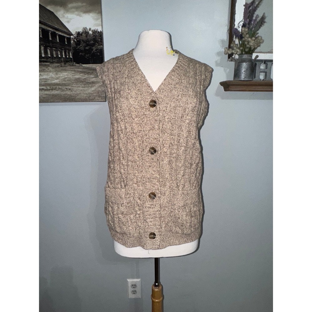 Aeneontrue tan speckled long sweater vest button front cardigan womens medium